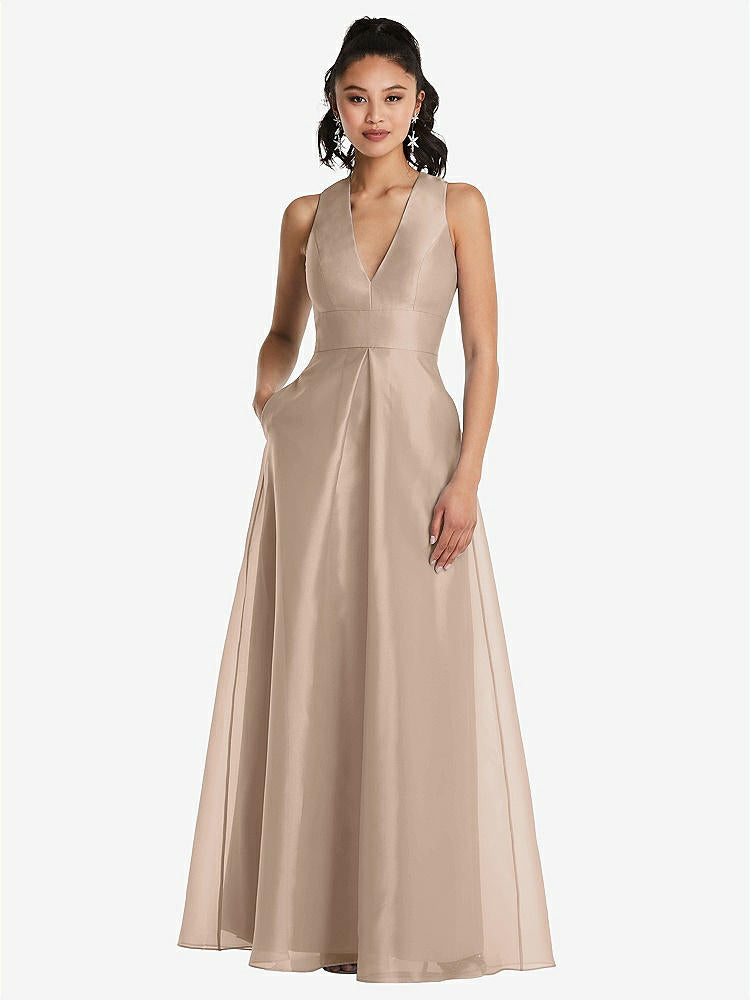 【STYLE: TH068】Plunging Neckline Pleated Skirt Maxi Dress with Pockets【COLOR: Topaz】