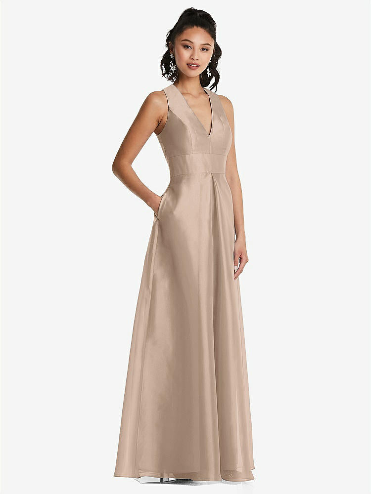 【STYLE: TH068】Plunging Neckline Pleated Skirt Maxi Dress with Pockets【COLOR: Topaz】
