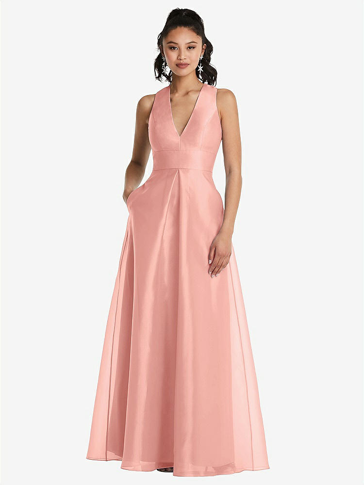 【STYLE: TH068】Plunging Neckline Pleated Skirt Maxi Dress with Pockets【COLOR: Apricot】