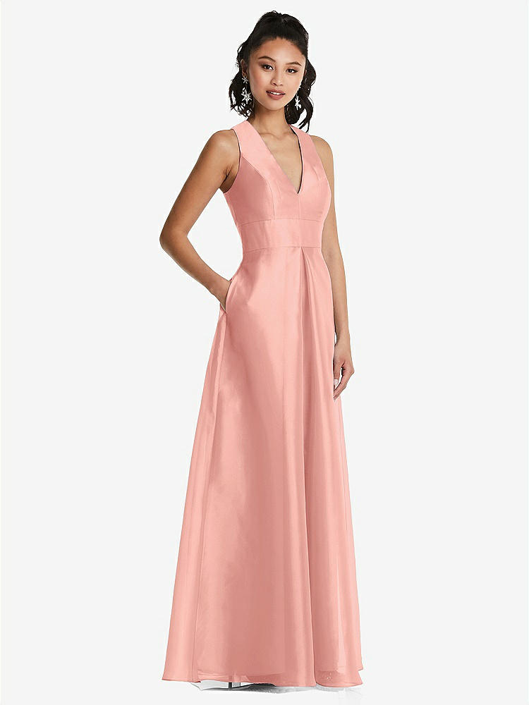 【STYLE: TH068】Plunging Neckline Pleated Skirt Maxi Dress with Pockets【COLOR: Apricot】