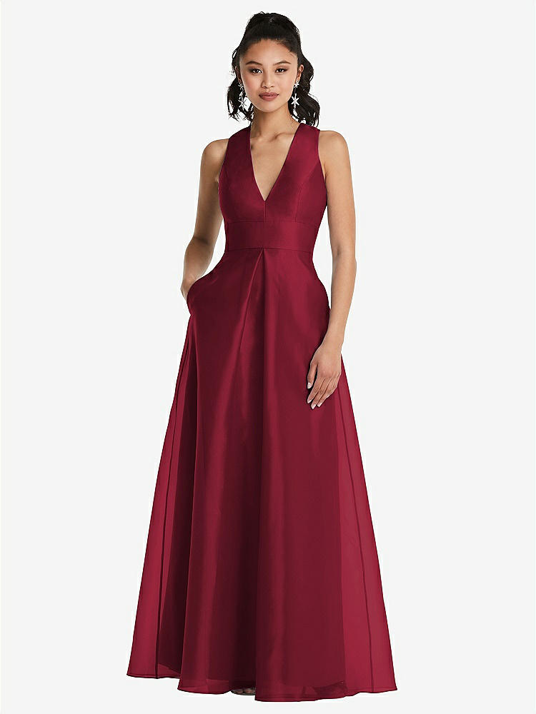 【STYLE: TH068】Plunging Neckline Pleated Skirt Maxi Dress with Pockets【COLOR: Burgundy】