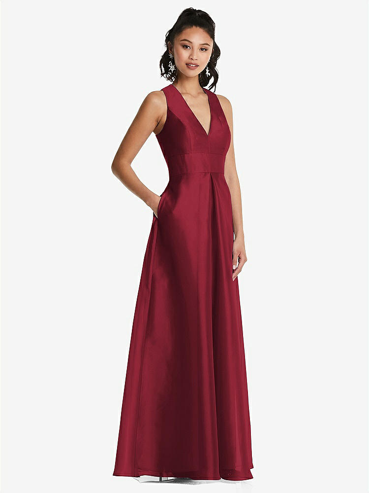 【STYLE: TH068】Plunging Neckline Pleated Skirt Maxi Dress with Pockets【COLOR: Claret】