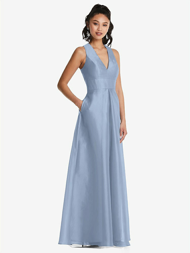 【STYLE: TH068】Plunging Neckline Pleated Skirt Maxi Dress with Pockets【COLOR: Cloudy】
