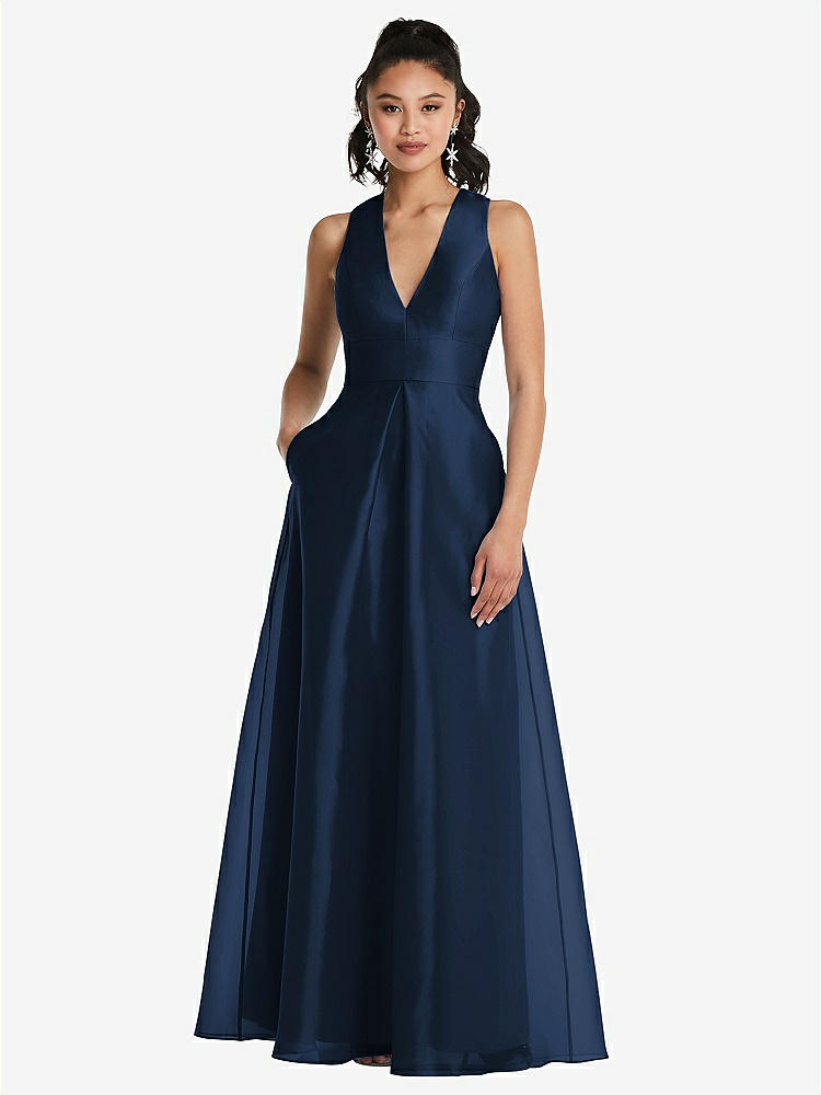 【STYLE: TH068】Plunging Neckline Pleated Skirt Maxi Dress with Pockets【COLOR: Midnight Navy】