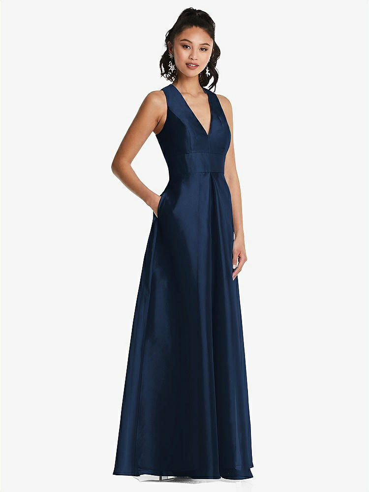 【STYLE: TH068】Plunging Neckline Pleated Skirt Maxi Dress with Pockets【COLOR: Midnight Navy】