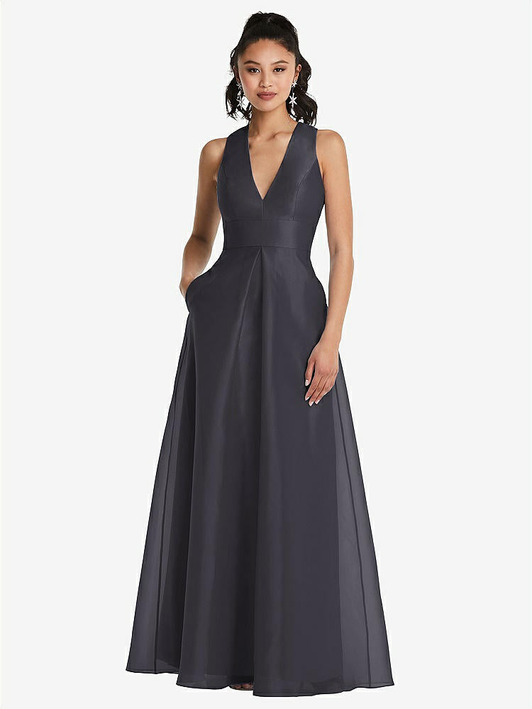 【STYLE: TH068】Plunging Neckline Pleated Skirt Maxi Dress with Pockets【COLOR: Onyx】