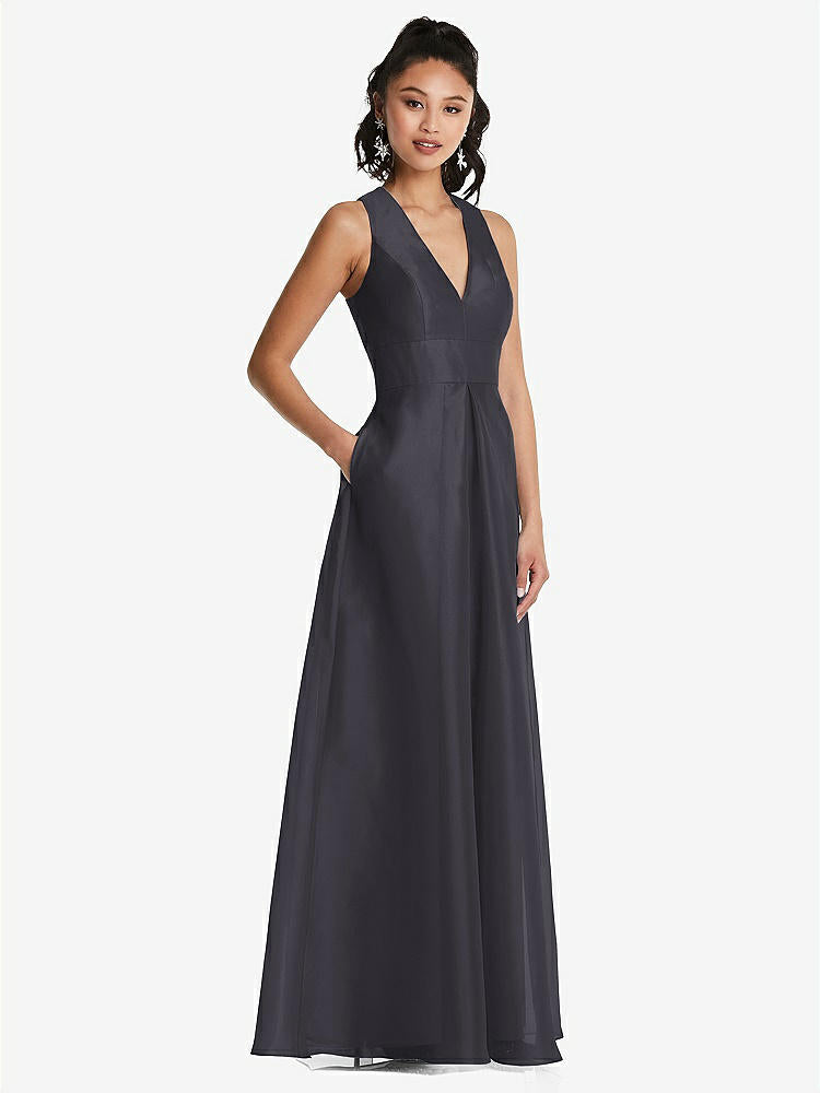【STYLE: TH068】Plunging Neckline Pleated Skirt Maxi Dress with Pockets【COLOR: Onyx】