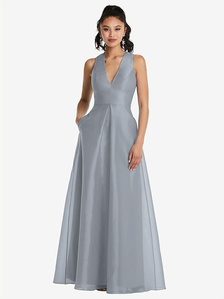 【STYLE: TH068】Plunging Neckline Pleated Skirt Maxi Dress with Pockets【COLOR: Platinum】