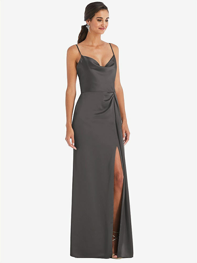 【STYLE: 3072】Cowl-Neck Draped Wrap Maxi Dress with Front Slit【COLOR: Caviar Gray】