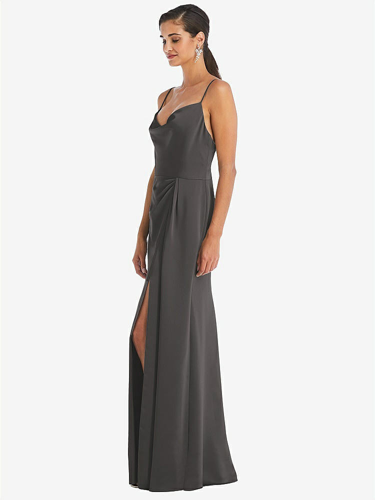 【STYLE: 3072】Cowl-Neck Draped Wrap Maxi Dress with Front Slit【COLOR: Caviar Gray】