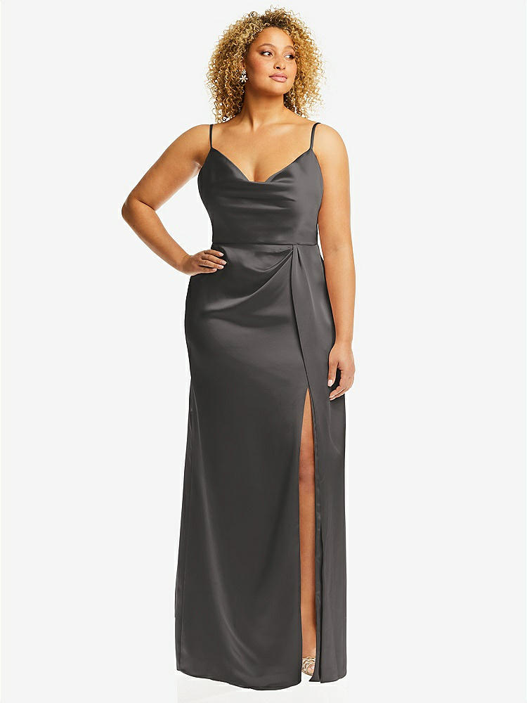 【STYLE: 3072】Cowl-Neck Draped Wrap Maxi Dress with Front Slit【COLOR: Caviar Gray】