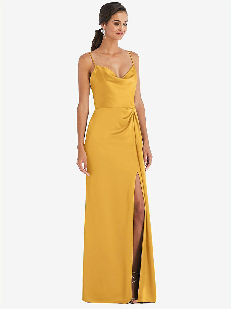 【STYLE: 3072】Cowl-Neck Draped Wrap Maxi Dress with Front Slit【COLOR: NYC Yellow】