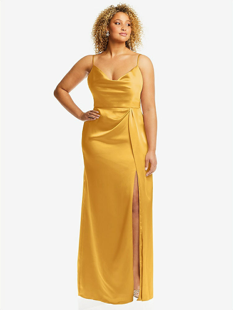 【STYLE: 3072】Cowl-Neck Draped Wrap Maxi Dress with Front Slit【COLOR: NYC Yellow】