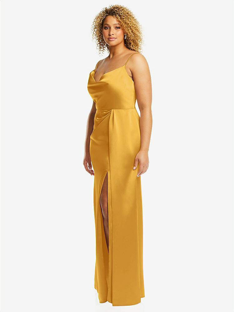 【STYLE: 3072】Cowl-Neck Draped Wrap Maxi Dress with Front Slit【COLOR: NYC Yellow】