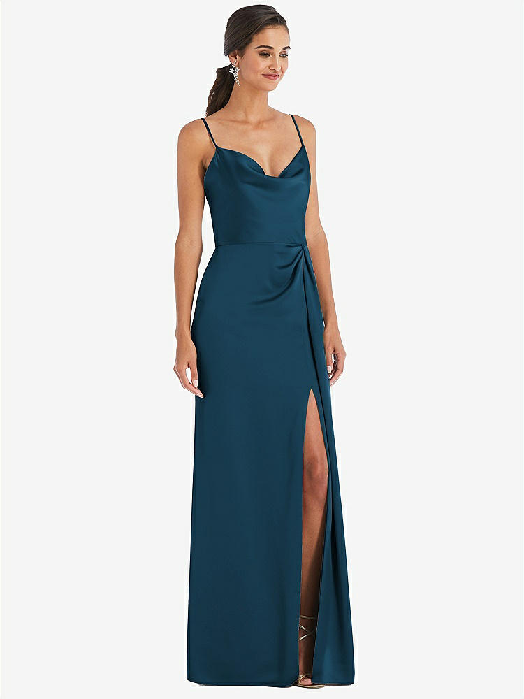 【STYLE: 3072】Cowl-Neck Draped Wrap Maxi Dress with Front Slit【COLOR: Atlantic Blue】