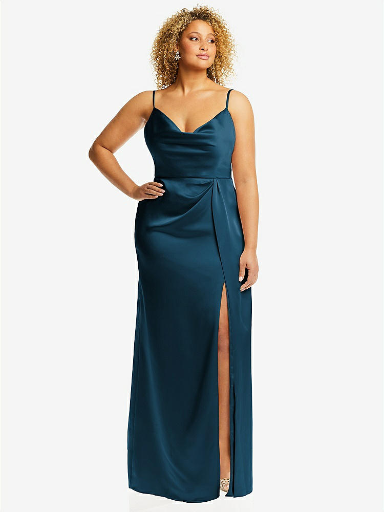 【STYLE: 3072】Cowl-Neck Draped Wrap Maxi Dress with Front Slit【COLOR: Atlantic Blue】