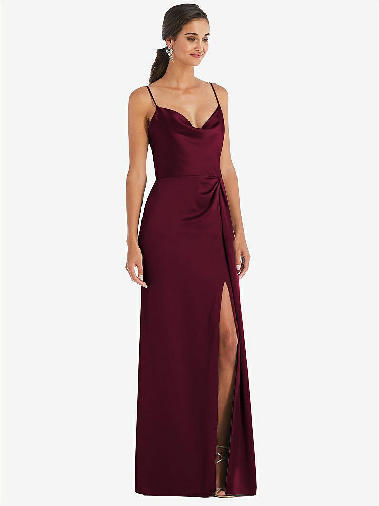 【STYLE: 3072】Cowl-Neck Draped Wrap Maxi Dress with Front Slit【COLOR: Cabernet】