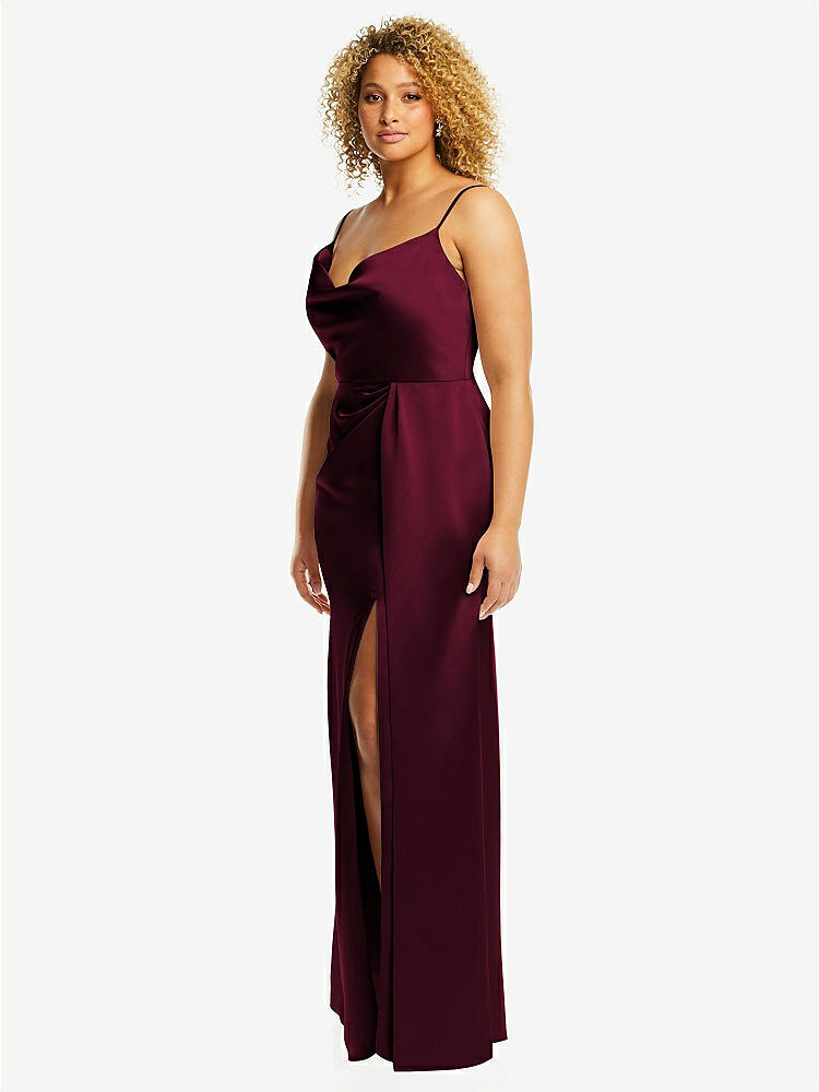 【STYLE: 3072】Cowl-Neck Draped Wrap Maxi Dress with Front Slit【COLOR: Cabernet】