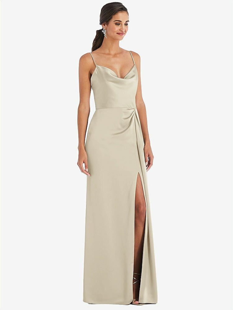 【STYLE: 3072】Cowl-Neck Draped Wrap Maxi Dress with Front Slit【COLOR: Champagne】