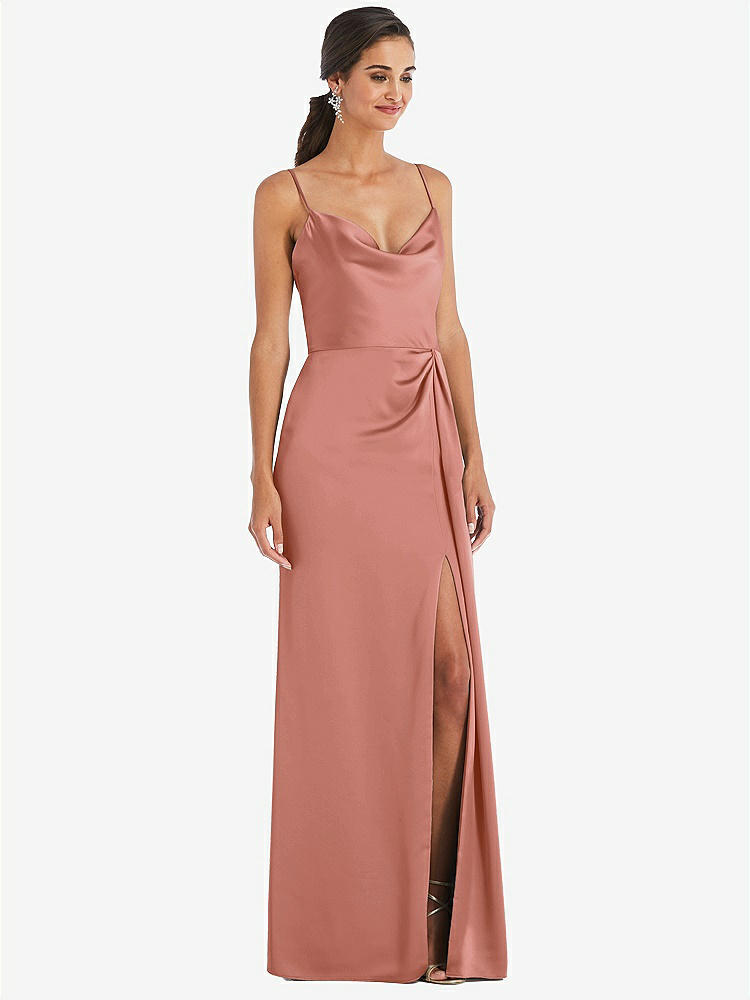 【STYLE: 3072】Cowl-Neck Draped Wrap Maxi Dress with Front Slit【COLOR: Desert Rose】