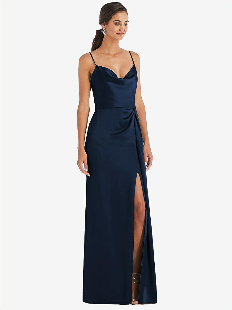 【STYLE: 3072】Cowl-Neck Draped Wrap Maxi Dress with Front Slit【COLOR: Midnight Navy】