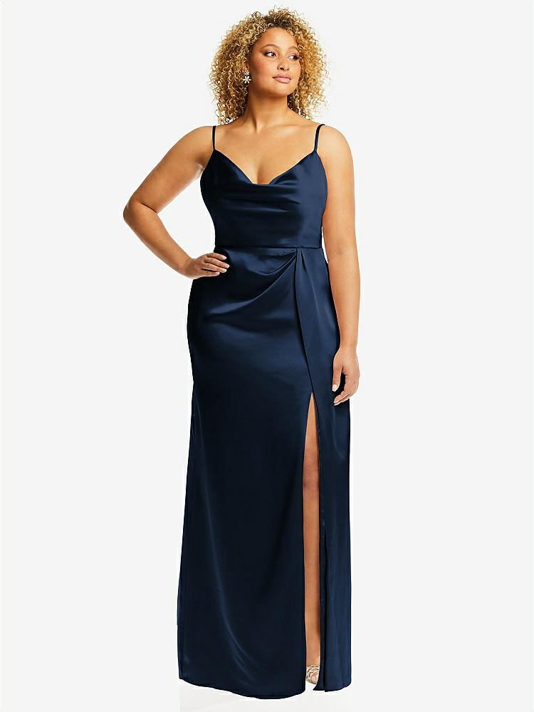 【STYLE: 3072】Cowl-Neck Draped Wrap Maxi Dress with Front Slit【COLOR: Midnight Navy】