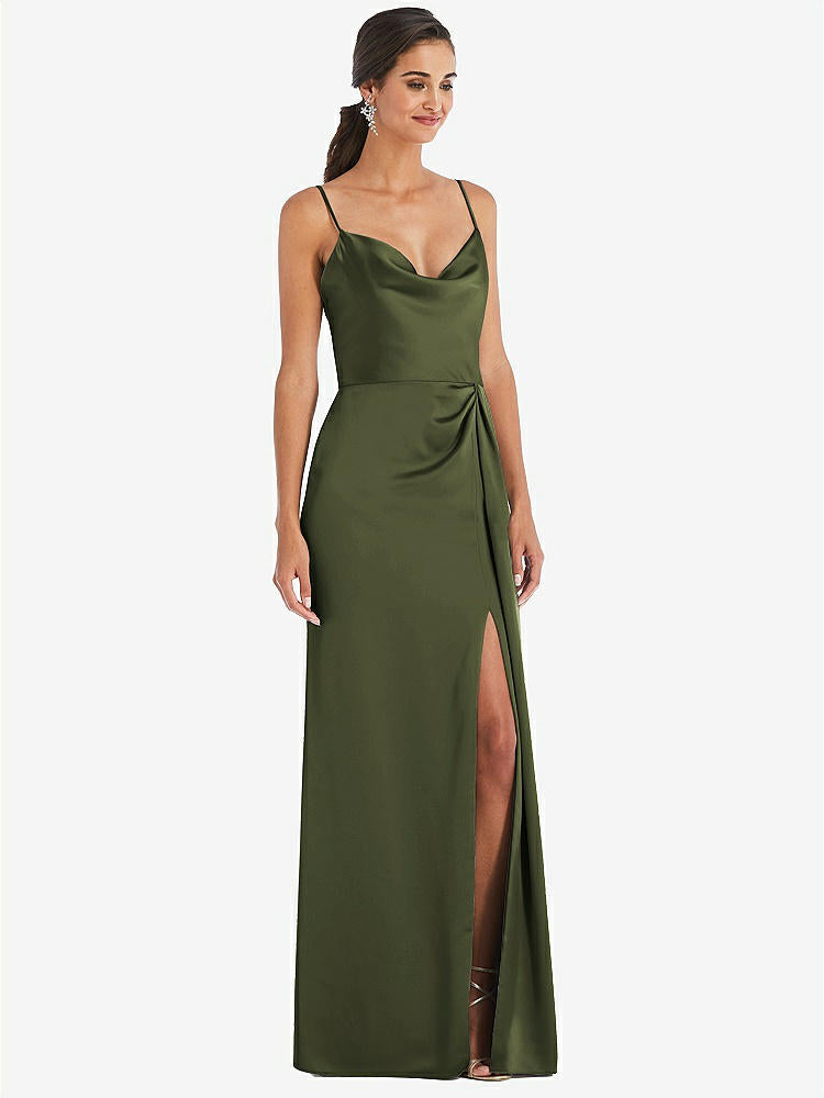 【STYLE: 3072】Cowl-Neck Draped Wrap Maxi Dress with Front Slit【COLOR: Olive Green】