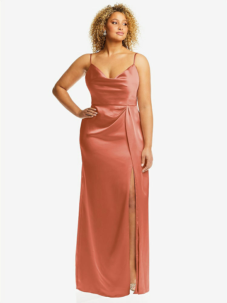 【STYLE: 3072】Cowl-Neck Draped Wrap Maxi Dress with Front Slit【COLOR: Terracotta Copper】