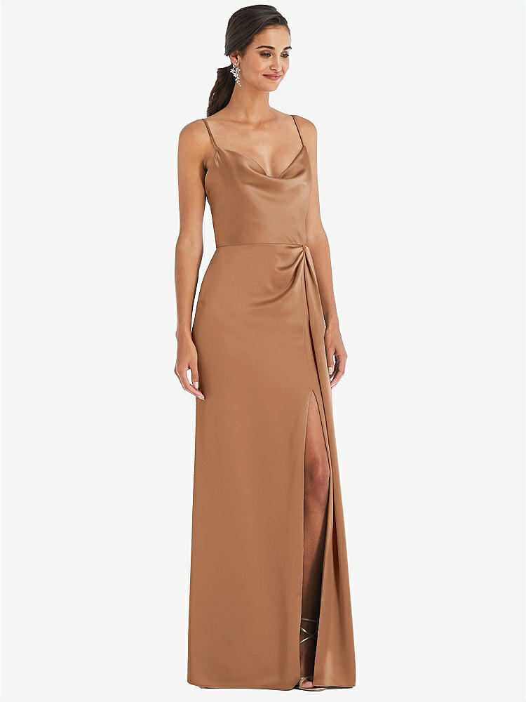 【STYLE: 3072】Cowl-Neck Draped Wrap Maxi Dress with Front Slit【COLOR: Toffee】