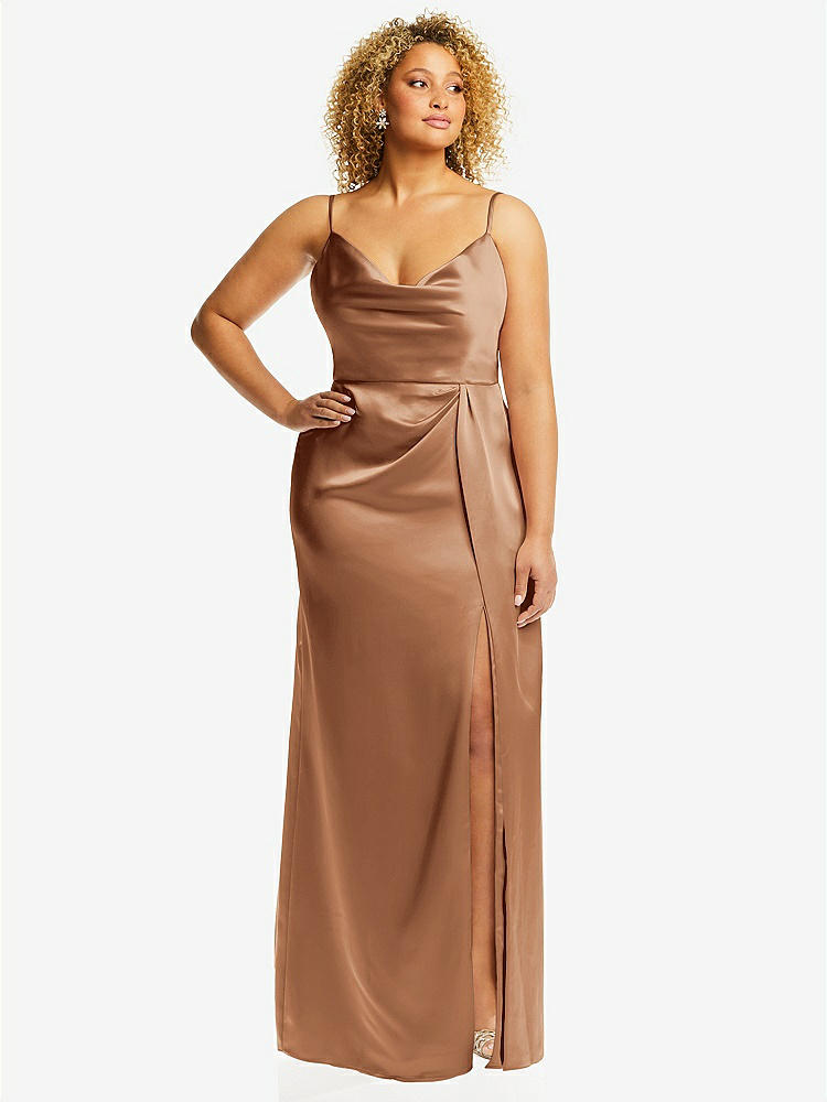 【STYLE: 3072】Cowl-Neck Draped Wrap Maxi Dress with Front Slit【COLOR: Toffee】