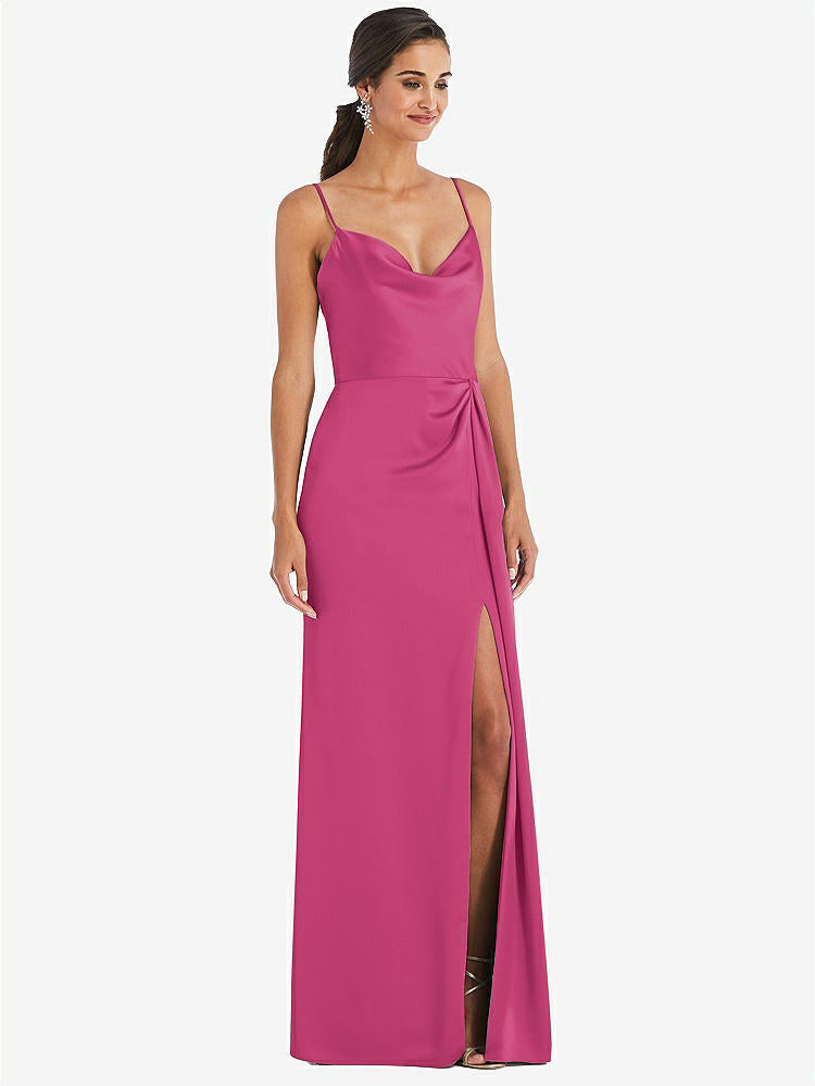 【STYLE: 3072】Cowl-Neck Draped Wrap Maxi Dress with Front Slit【COLOR: Tea Rose】