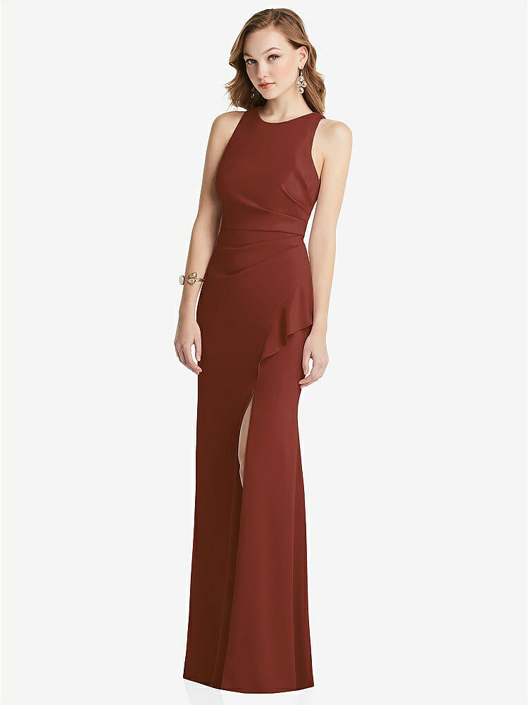 【STYLE: 3081】Halter Maxi Dress with Cascade Ruffle Slit【COLOR: Auburn Moon】