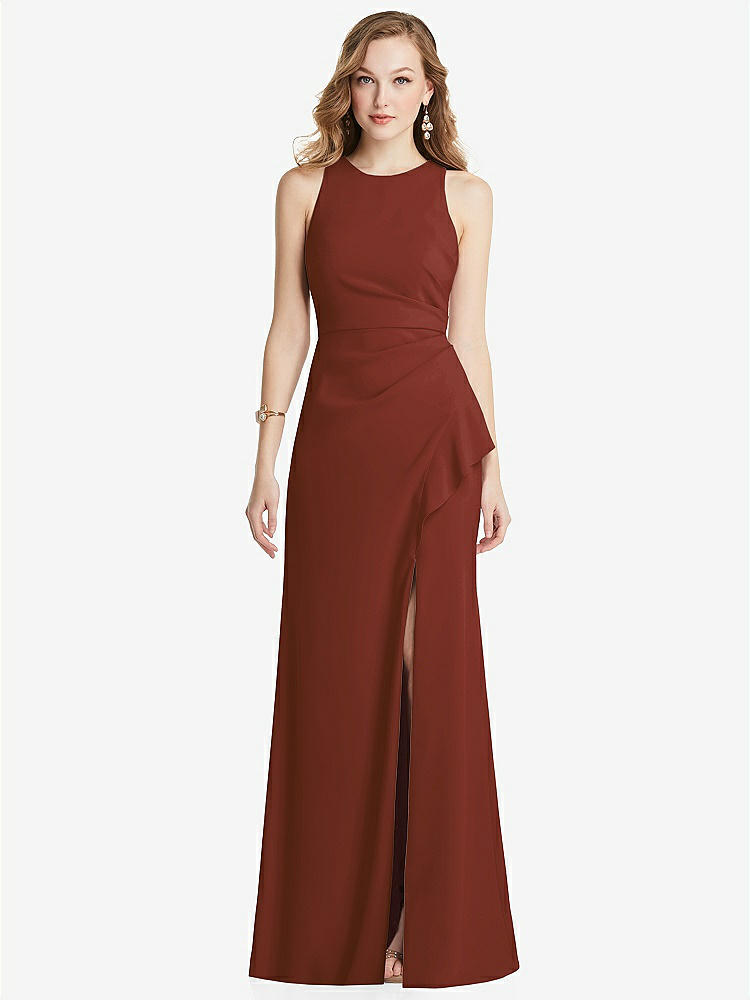 【STYLE: 3081】Halter Maxi Dress with Cascade Ruffle Slit【COLOR: Auburn Moon】