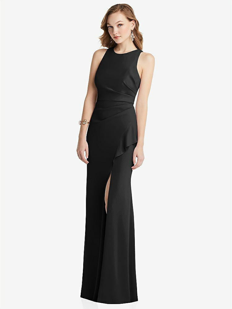 【STYLE: 3081】Halter Maxi Dress with Cascade Ruffle Slit【COLOR: Black】