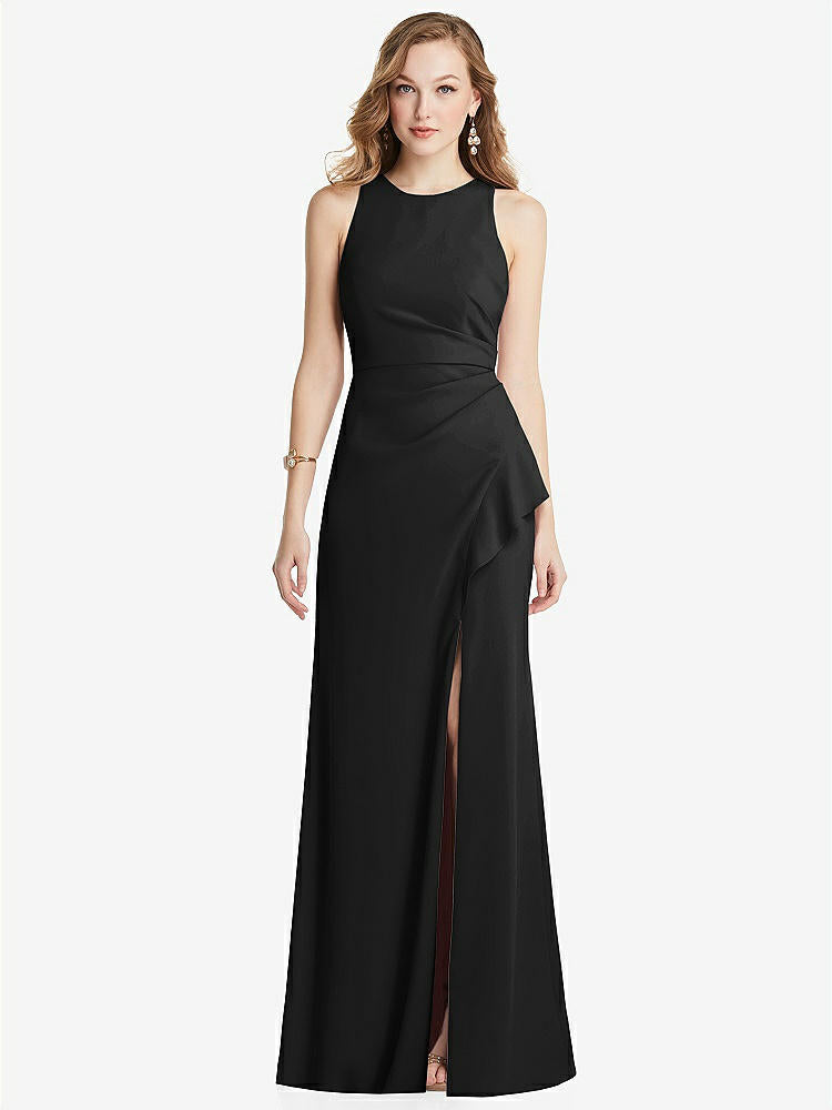 【STYLE: 3081】Halter Maxi Dress with Cascade Ruffle Slit【COLOR: Black】