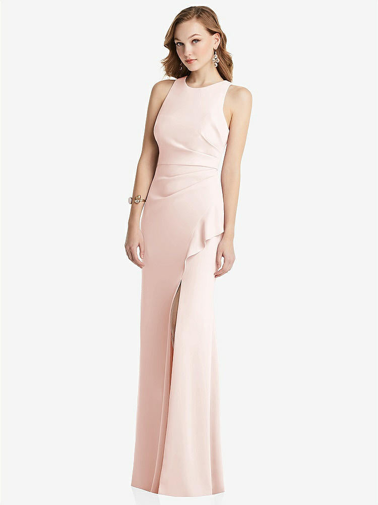 【STYLE: 3081】Halter Maxi Dress with Cascade Ruffle Slit【COLOR: Blush】