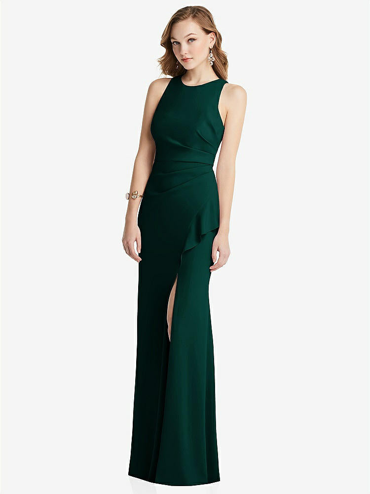 【STYLE: 3081】Halter Maxi Dress with Cascade Ruffle Slit【COLOR: Evergreen】