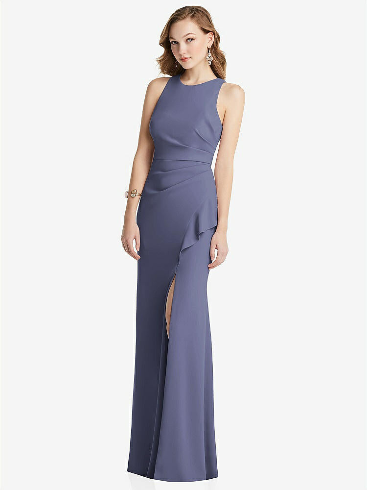 【STYLE: 3081】Halter Maxi Dress with Cascade Ruffle Slit【COLOR: French Blue】
