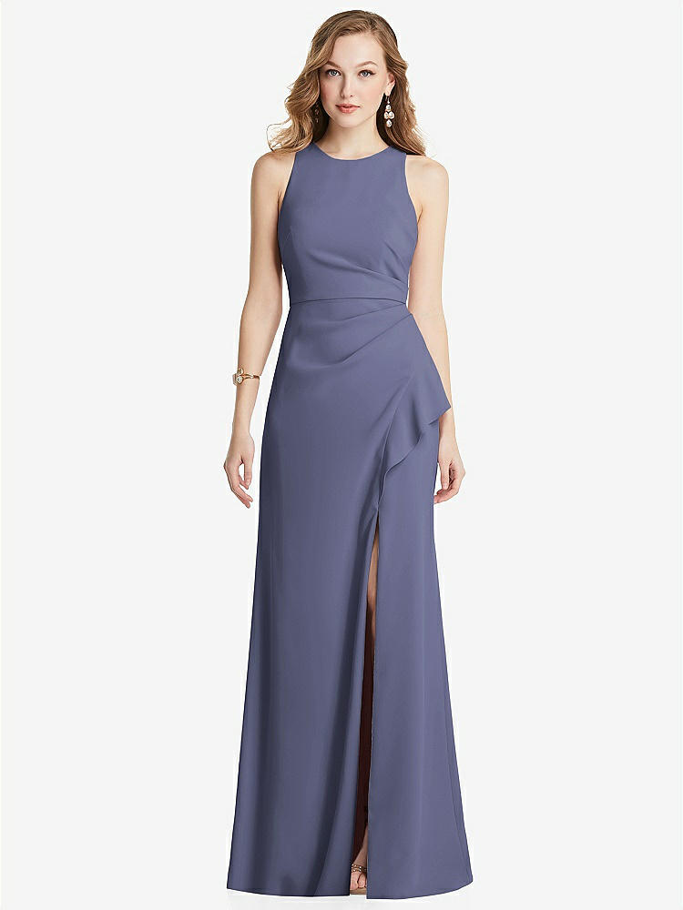 【STYLE: 3081】Halter Maxi Dress with Cascade Ruffle Slit【COLOR: French Blue】