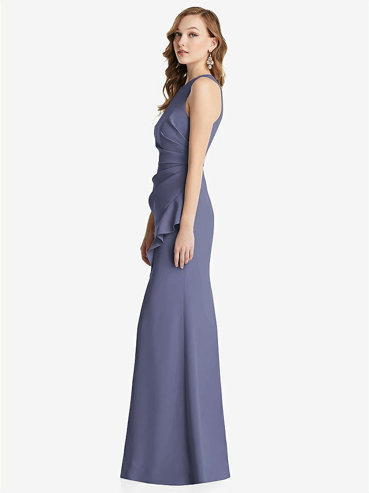 【STYLE: 3081】Halter Maxi Dress with Cascade Ruffle Slit【COLOR: French Blue】
