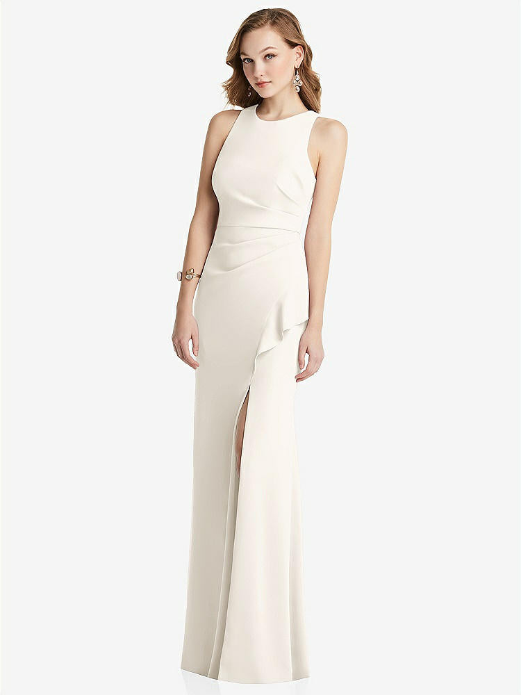 【STYLE: 3081】Halter Maxi Dress with Cascade Ruffle Slit【COLOR: Ivory】