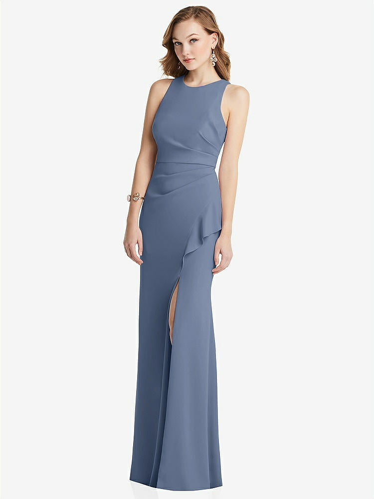 【STYLE: 3081】Halter Maxi Dress with Cascade Ruffle Slit【COLOR: Larkspur Blue】