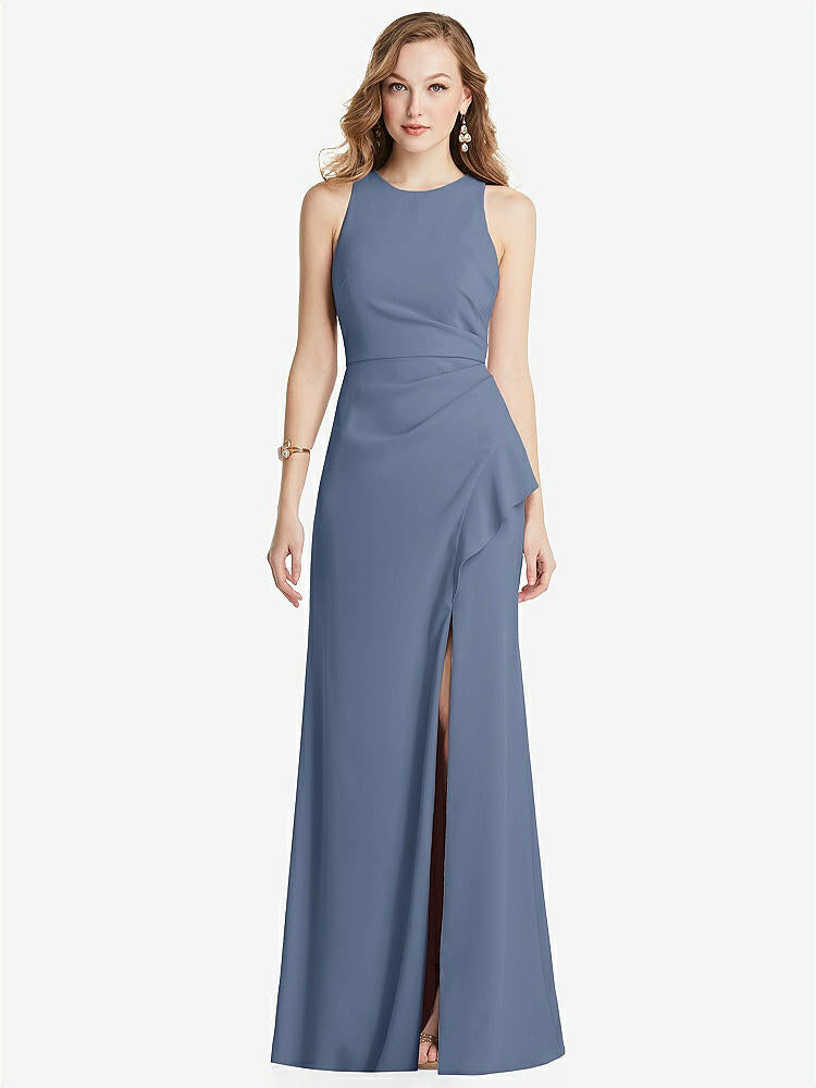 【STYLE: 3081】Halter Maxi Dress with Cascade Ruffle Slit【COLOR: Larkspur Blue】