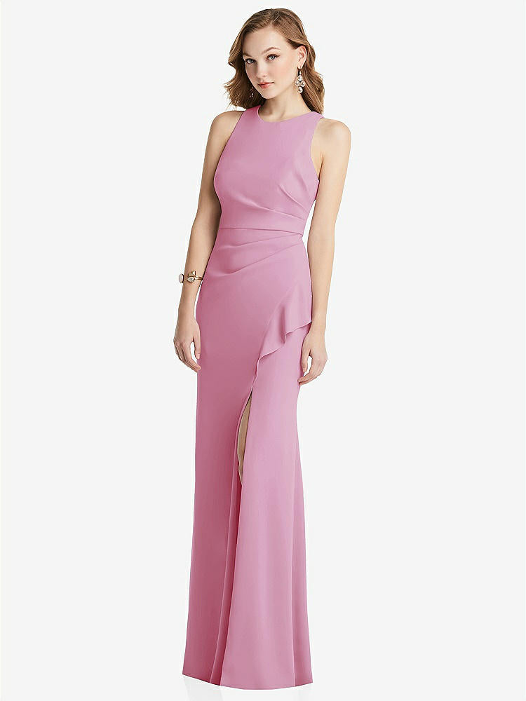 【STYLE: 3081】Halter Maxi Dress with Cascade Ruffle Slit【COLOR: Powder Pink】