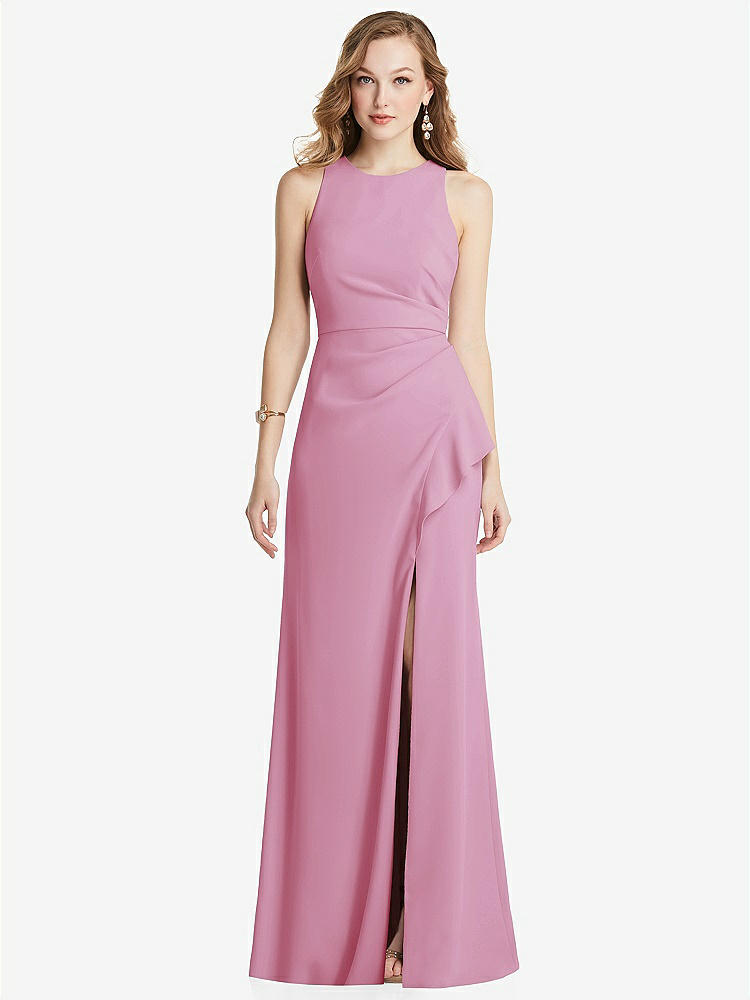 【STYLE: 3081】Halter Maxi Dress with Cascade Ruffle Slit【COLOR: Powder Pink】