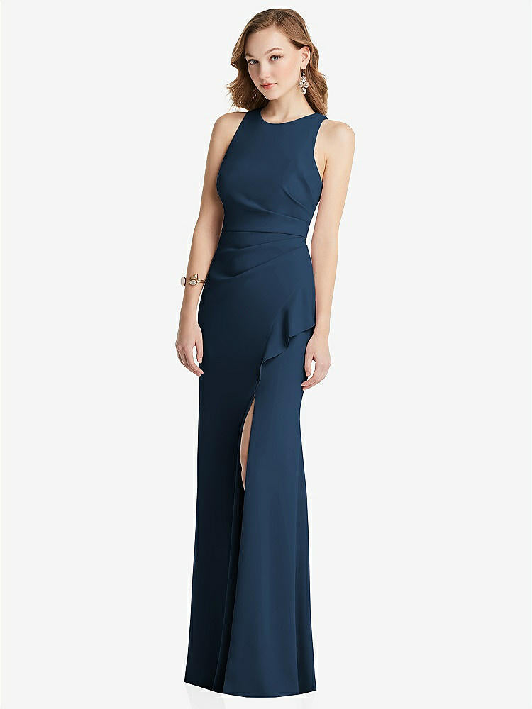 【STYLE: 3081】Halter Maxi Dress with Cascade Ruffle Slit【COLOR: Sofia Blue】