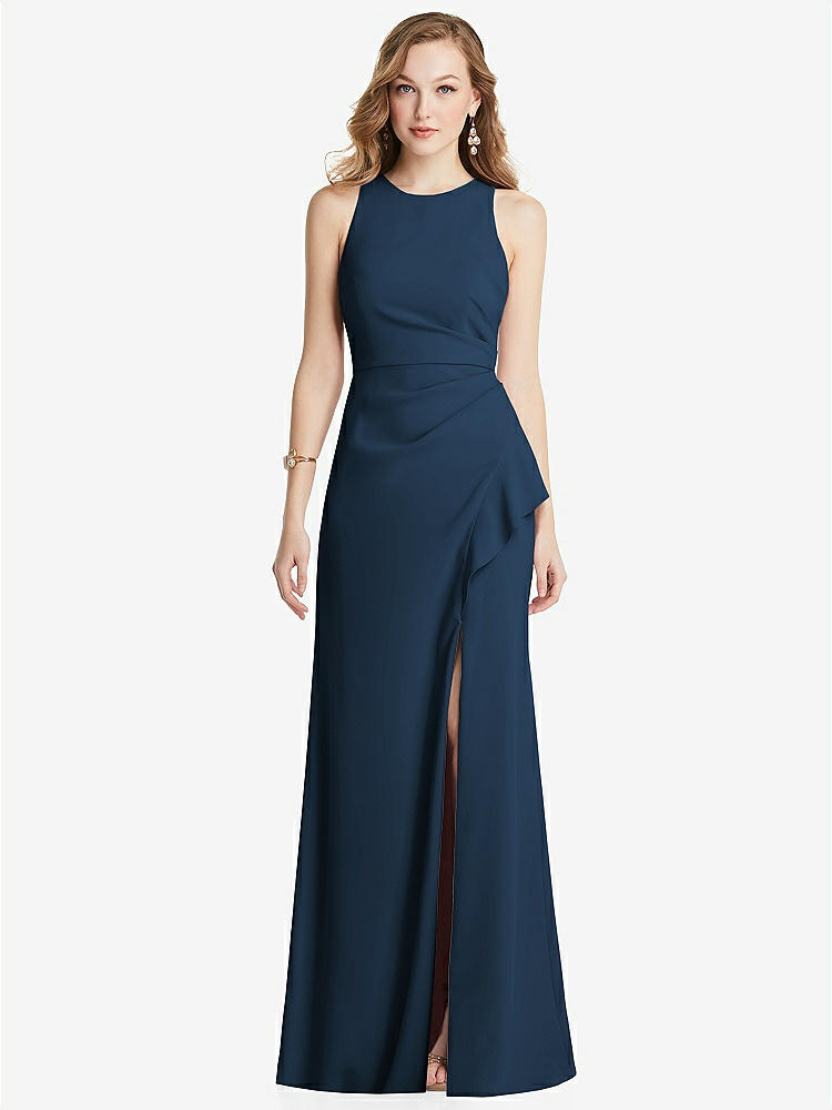 【STYLE: 3081】Halter Maxi Dress with Cascade Ruffle Slit【COLOR: Sofia Blue】