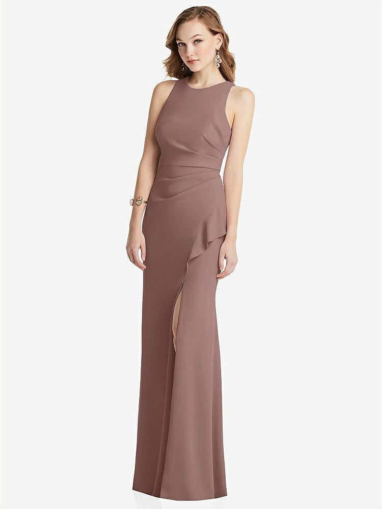 【STYLE: 3081】Halter Maxi Dress with Cascade Ruffle Slit【COLOR: Sienna】
