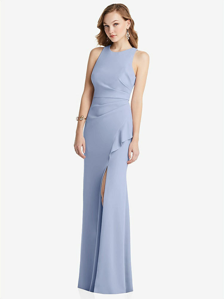 【STYLE: 3081】Halter Maxi Dress with Cascade Ruffle Slit【COLOR: Sky Blue】