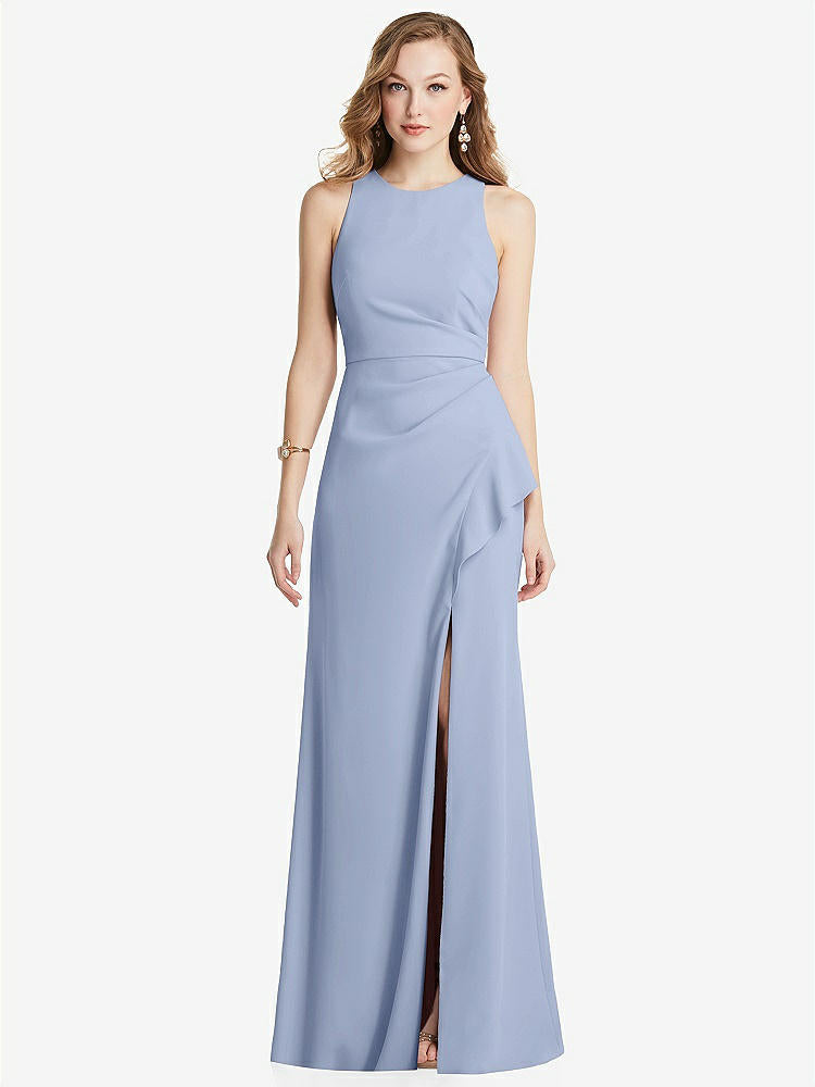 【STYLE: 3081】Halter Maxi Dress with Cascade Ruffle Slit【COLOR: Sky Blue】
